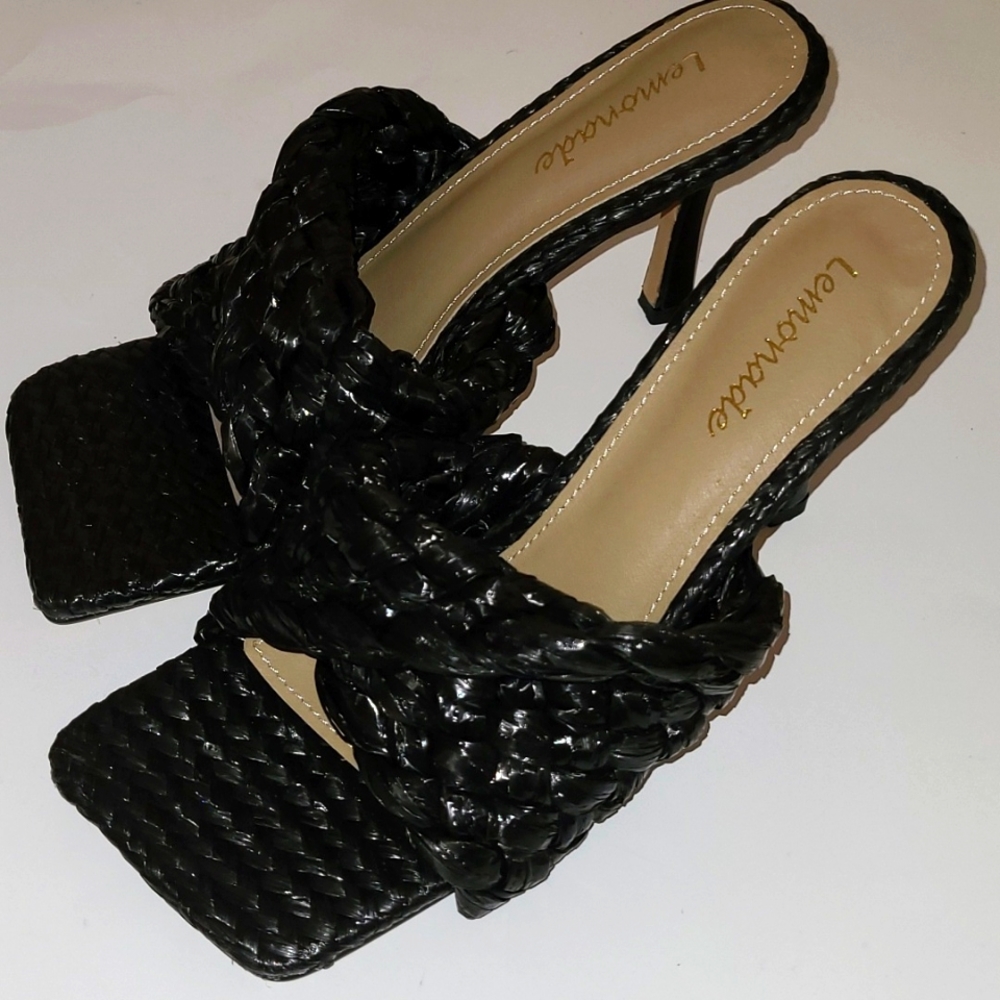 Lemonade Black Santorini Woven Square Open Toe Twist Front High Heel Mules